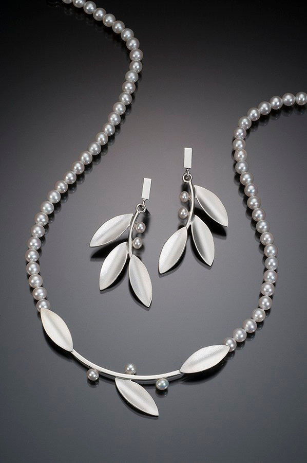 Innovations White Pearl Strand Necklace with Sterling Silver Leaves